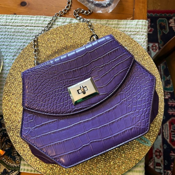 Purple Croc Embossed Bag Silver Shoulder Chain Bag NEW With Tags MOD Hexagon - Picture 8 of 12